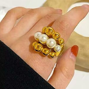 Gold Pearl Large Ball Statement Ring Chunky Exaggerated Cocktail Ring